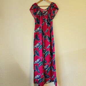 Vtg Hilo Hattie Hawaiian Floral Cotton Short Slv Leaf's Print Maxi Dress L USA